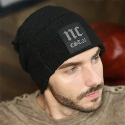 New Fashion Men's Beanie Hat Winter Hports Outdoor Korean Hedging Wool NC Letters Plus Velvet Thick Warm Knitted Hats