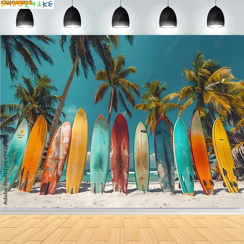 

Colorful Surfboard Palm Trees White Sand Blue Water Summer Beautiful Tropical Beach And Sea Landscape Photo Background FN-03