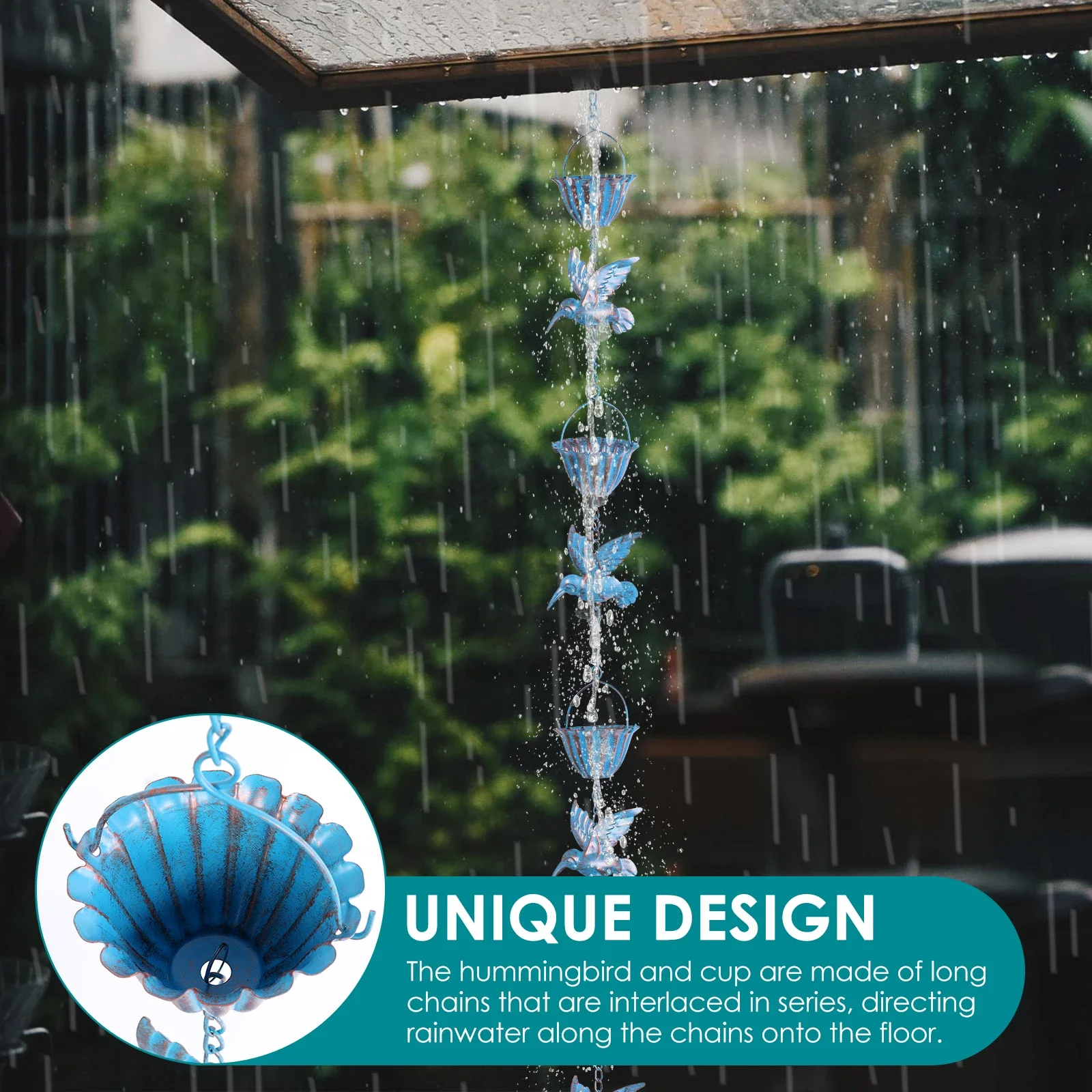 

F2 Metal Drainage Rain Chain Outdoor Garden Decor Hummingbird and Cup Rain Chain Metal Rain Catcher Chain Gutter Roof Decoration