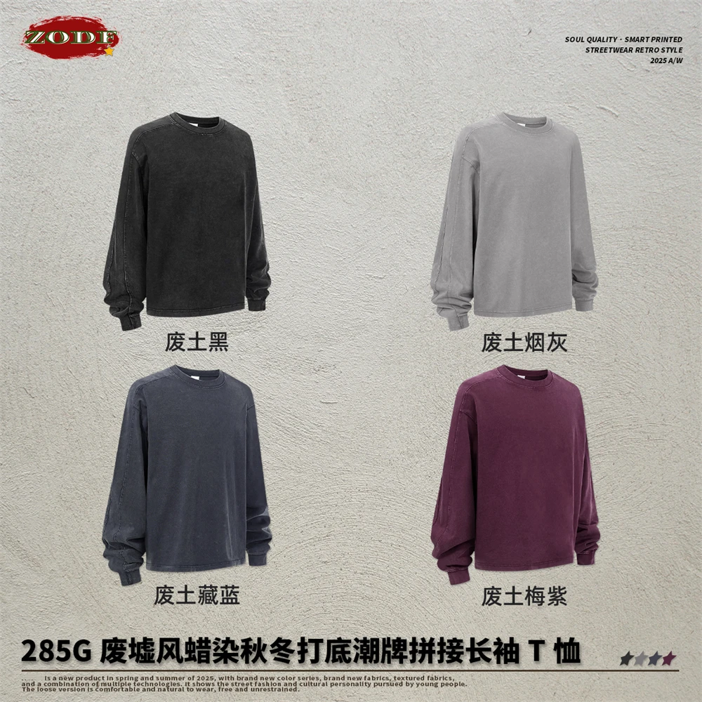 ZODF ريترو 285gsm الباتيك غسلها القطن رجل تي شيرت للجنسين الصلبة فضفاض المتعثرة المرقعة كم كامل تي شيرت بلايز HY1161