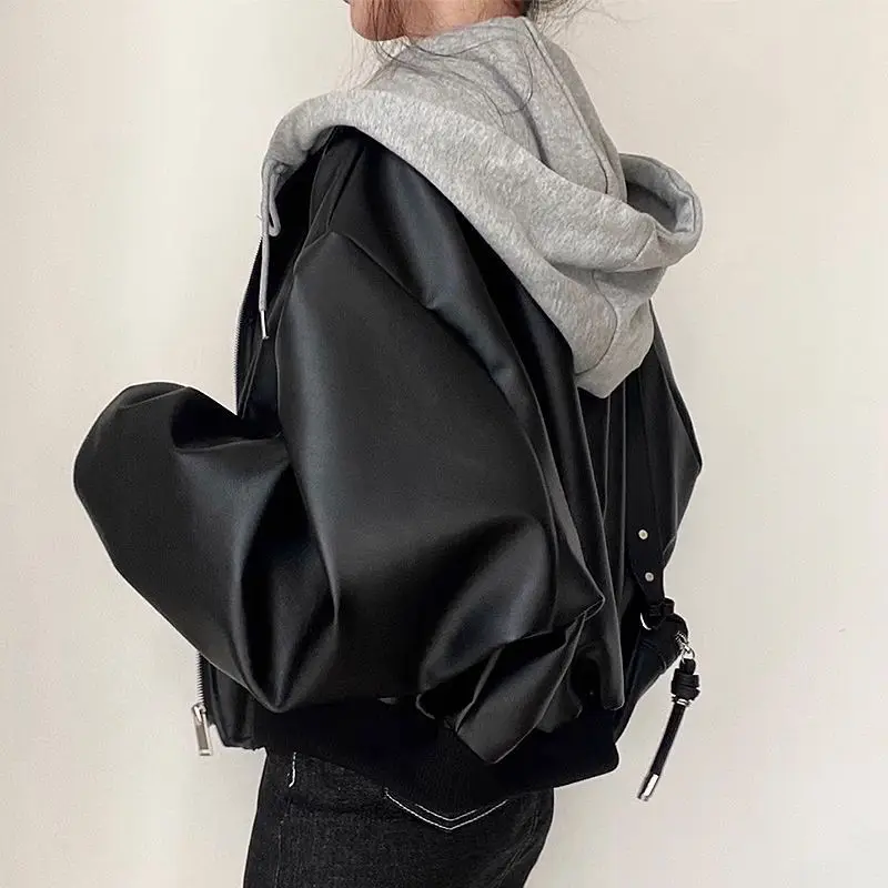Black Leather Jacket Women Hooded Patchwork PU Leather Coat Y2K Streetwear Biker Jacket Cropped Top Zipper Long-Sleeve Outerwear