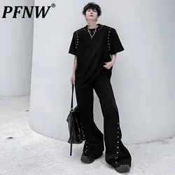 PFNW Men's Set Personality 2024 Summer Rivet Decorative Short Sleeve T-shirt Zipper Wide Leg Casual Pants New Trendy 28W3283