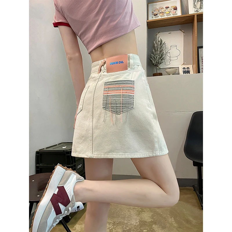 

Korean Style New Summer Women's Pockets Zipper Distressed Fashion Casual Simplicity High Waist Slim Bag Hip Cowboy A-line Skirt