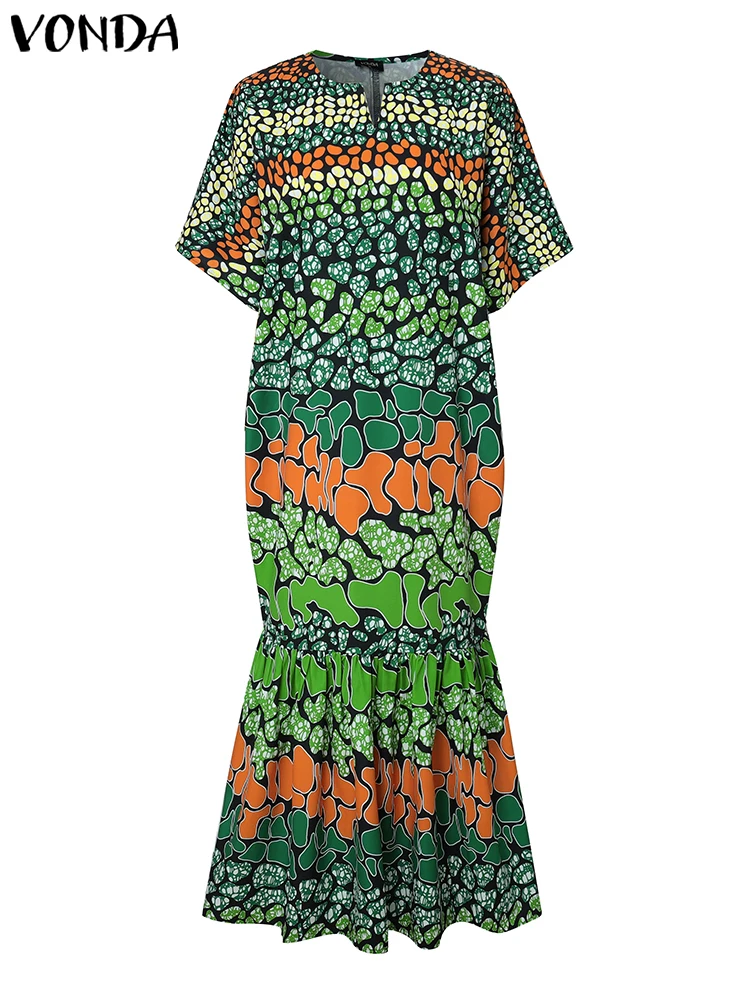 

Женское платье больших размеров, летний сарафан, винтажный принт, расклешенные рукава, вечерние платья с рыбьим хвостом, 2025 г., повседневный халат с v-образным вырезом, VONDA 5XL