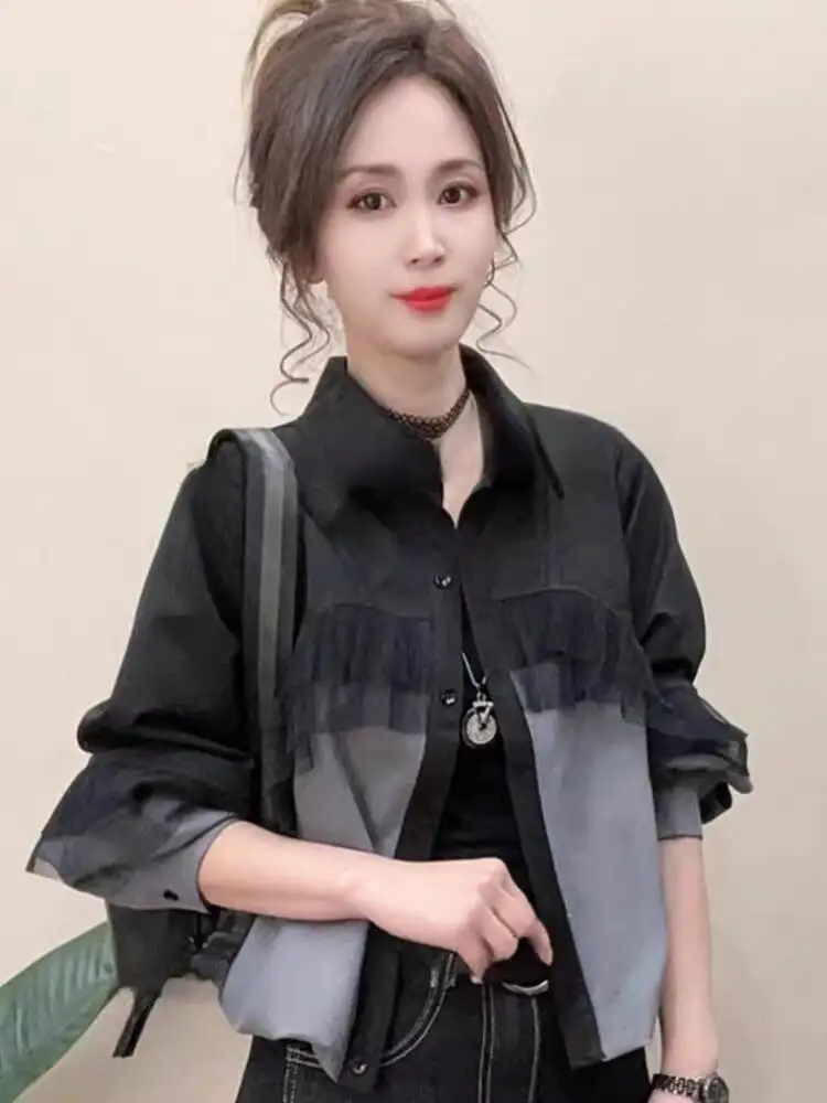 2026 New Spring Women's French Style Mesh Patchwork Shirt Polo Collar Single Breasted Loose Slim Petite Versatile Top