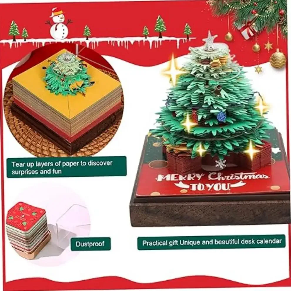 

3D-календарь для заметок на рождественскую елку (английский 2026) Изысканный рождественский подарок для украшения рабочего стола, настольный календарь с вырезом из бумаги