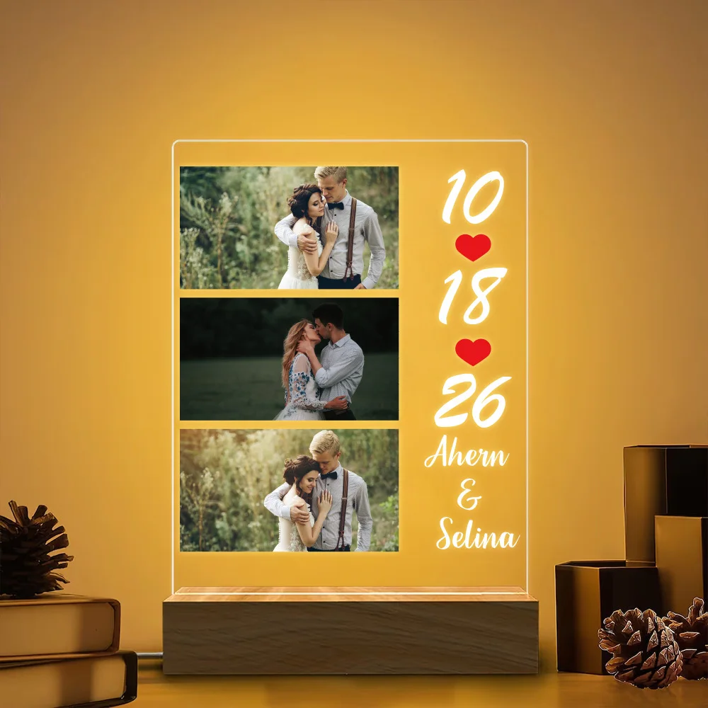 1PC Customized Photo and Text Wooden Base Acrylic Night Light,LED Warm Light Night Light, Valentine/Wedding/Birthday Gift