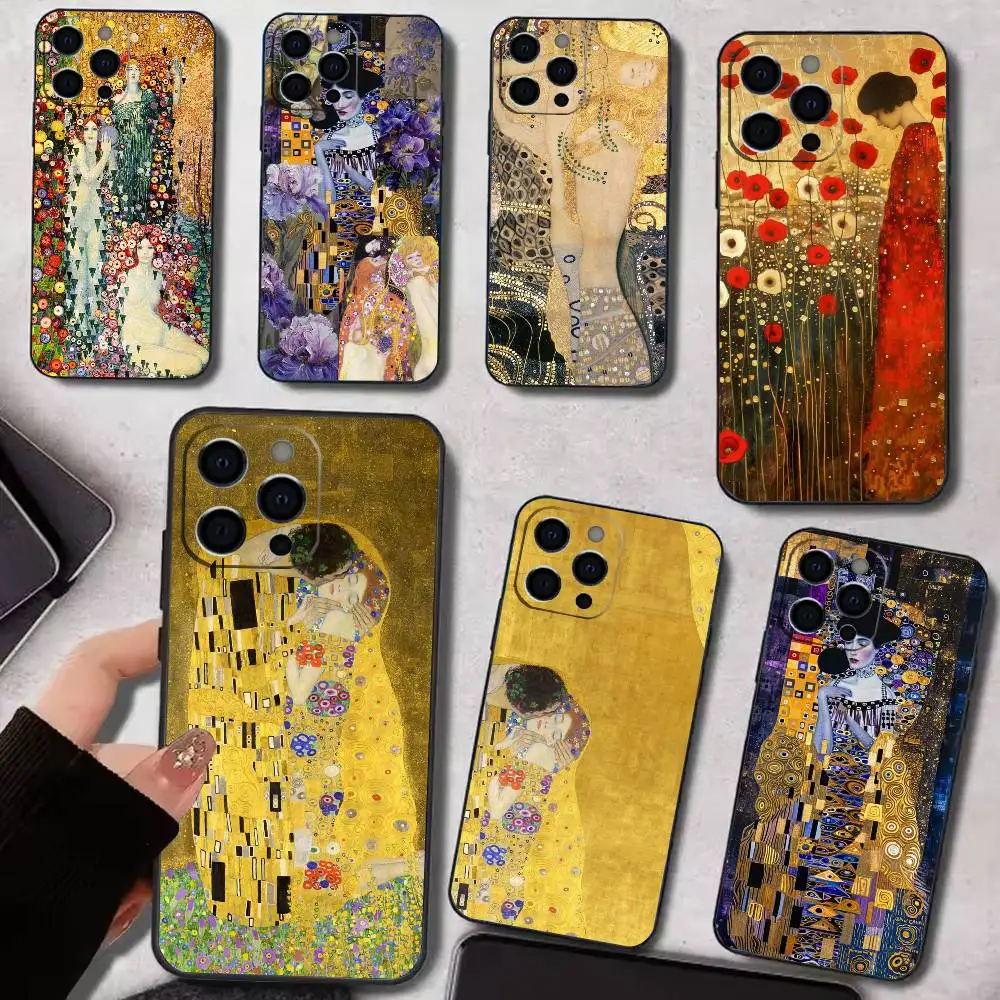 G-Gustav K-Klimt The Kiss Painting   Phone Case For iPhone 17,16,15,14,13,12,11 Plus,Pro Max,XS,Soft Black Cover
