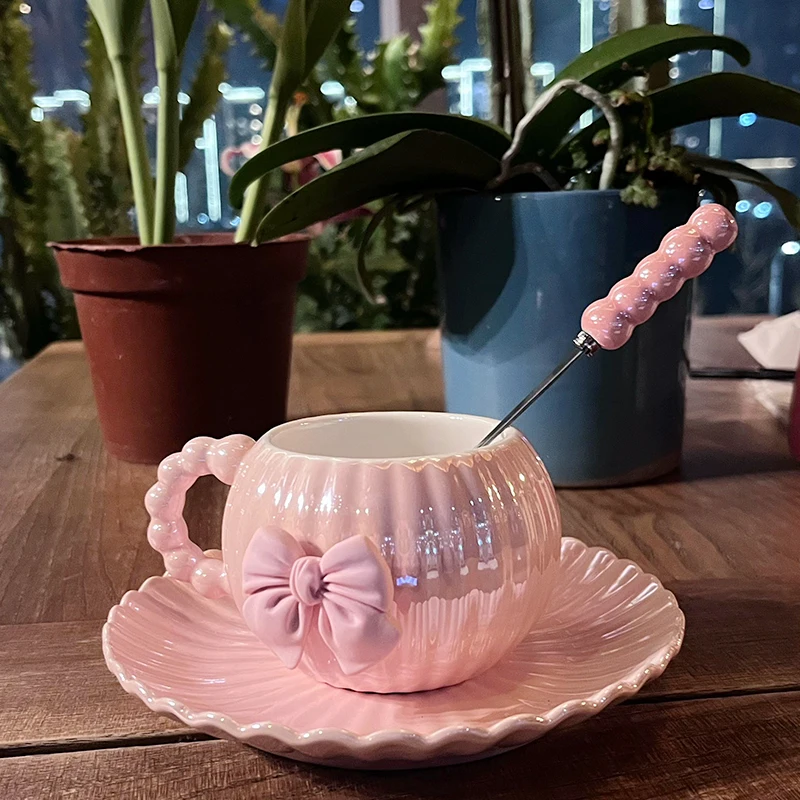 French Pink Bow Cup,Light Luxury Coffee Cup, High-end Exquisite High Aesthetic Design Ceramic Set,