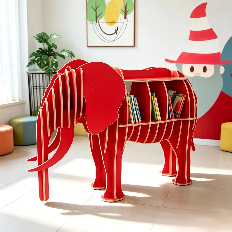 School library animal storage shelves, center cartoon bookshelves