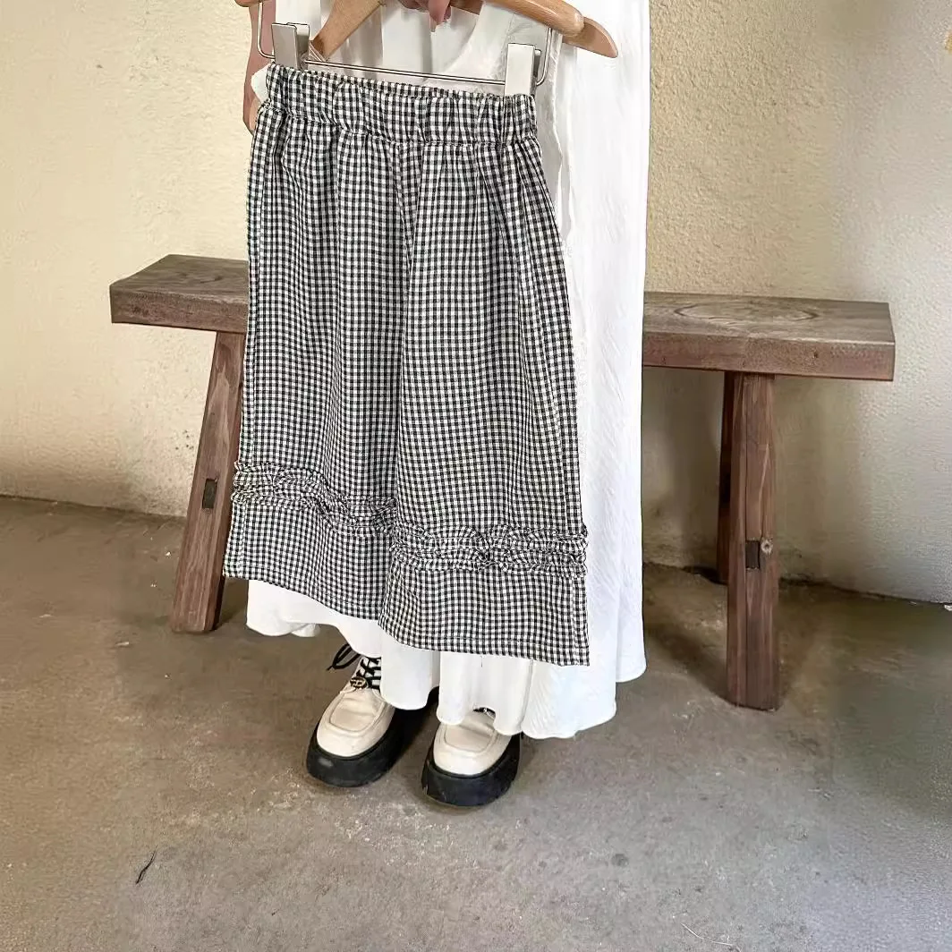 Children Pants 2024 Summer New Korean Children Wear Korean Style Cute Sweet Straight Leg Wooden Ear Lace Girls Plaid Pants