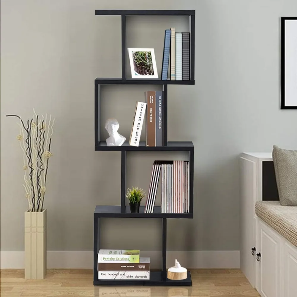 4 Tier Bookshelf S Shaped Bookcase, Multifunctional Wooden Display Decor Furniture, Free Standing Industrial Storage Rack