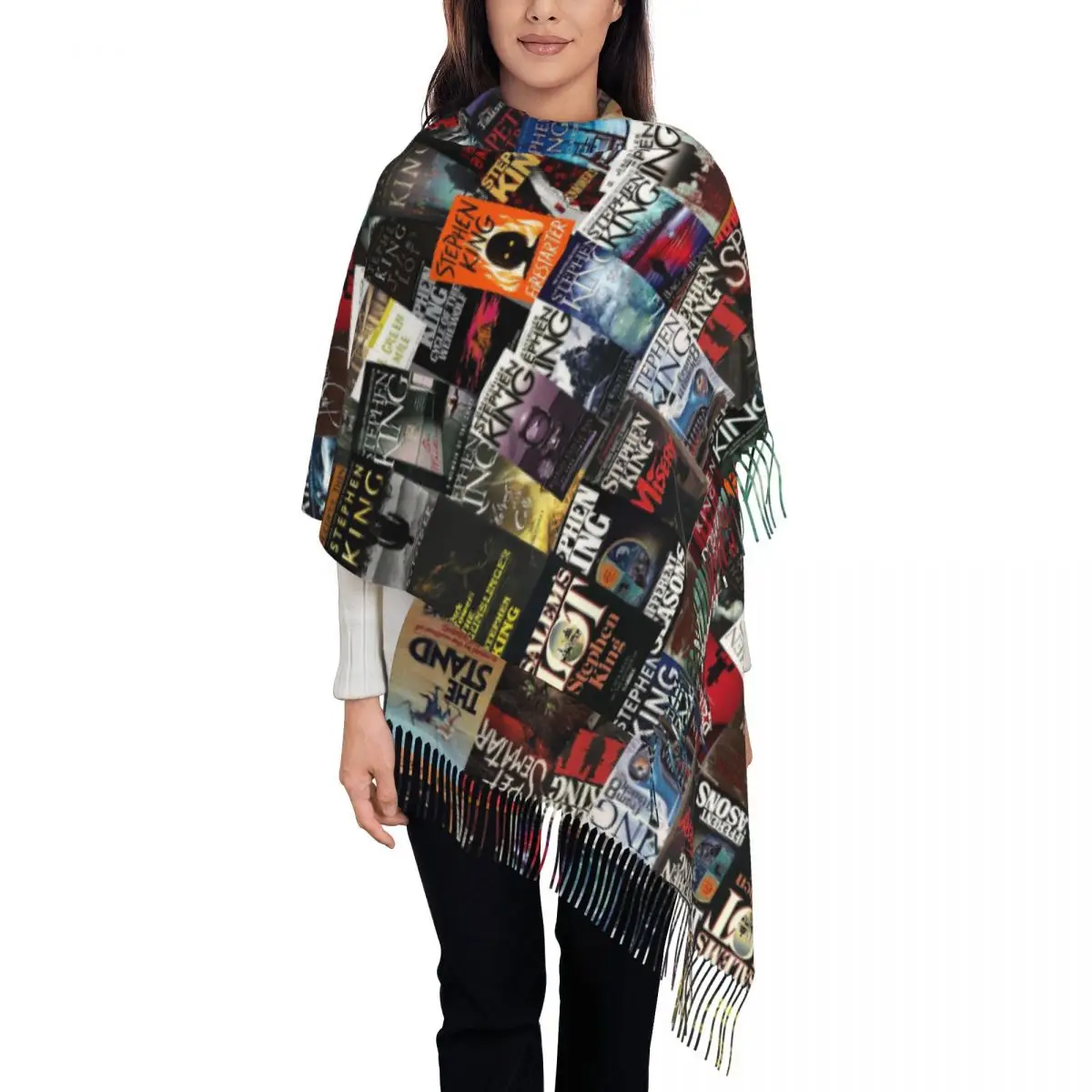 Stephen King Book Covers Horror Bookworm Scarf Tassel Scarves for Women Soft Warm Shawls and Wraps Long Fall Winter Shawl Wrap