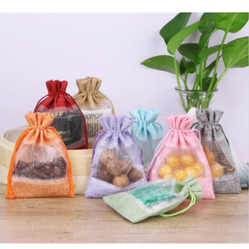 

10Pcs/Lot Premium Burlap Gift Drawstring Bags with Transparent Organza Window Christmas Wedding Favors Party Jewelry 10*14cm