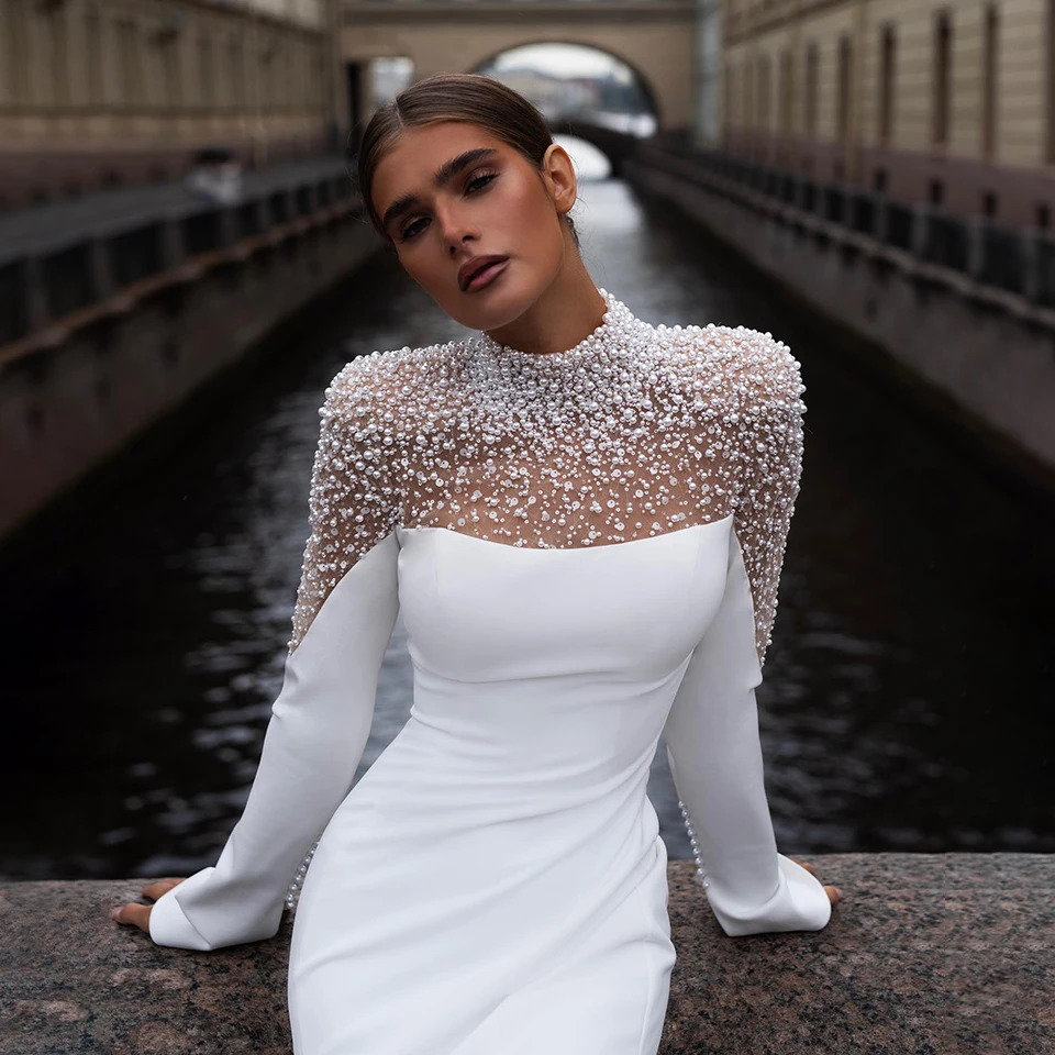 럭셔리 하이넥 반짝이는 진주 비딩 머메이드 웨딩드레스 2025 사우디 아라비아 긴 소매 여성 신부 드레스 베스티도 데 노이바