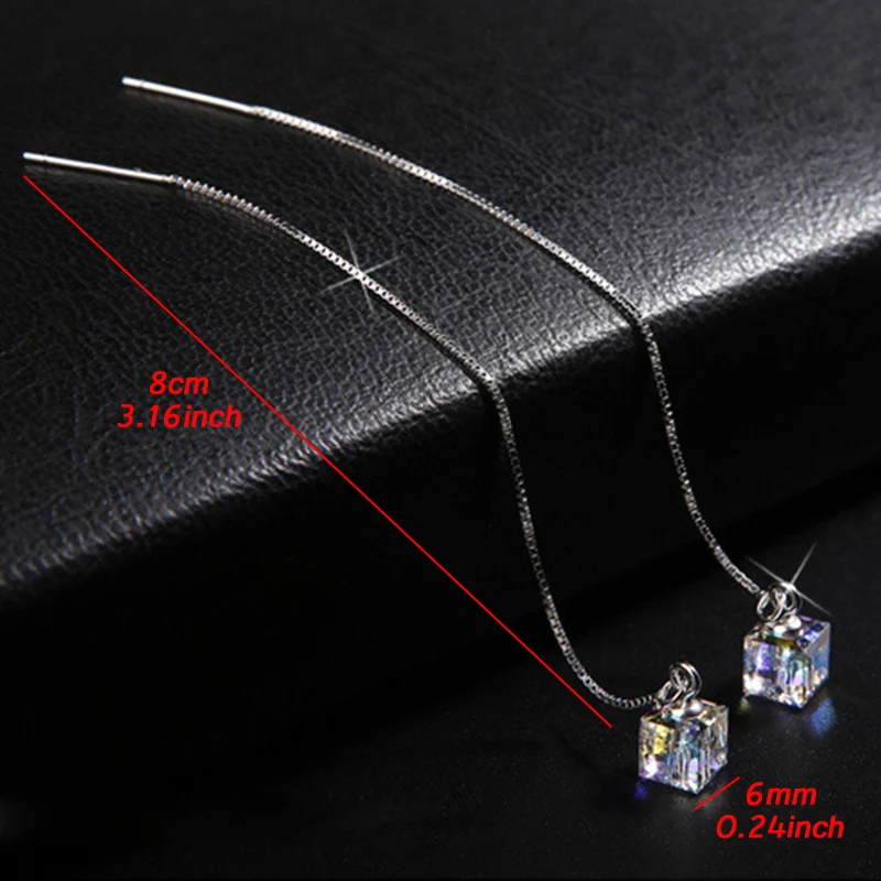 Elegant Sugar Cube Crystal Thread Dangle Drop Earrings for Women Line Trend Korean Fashion Luxury Wedding Party Banquet Jewelry