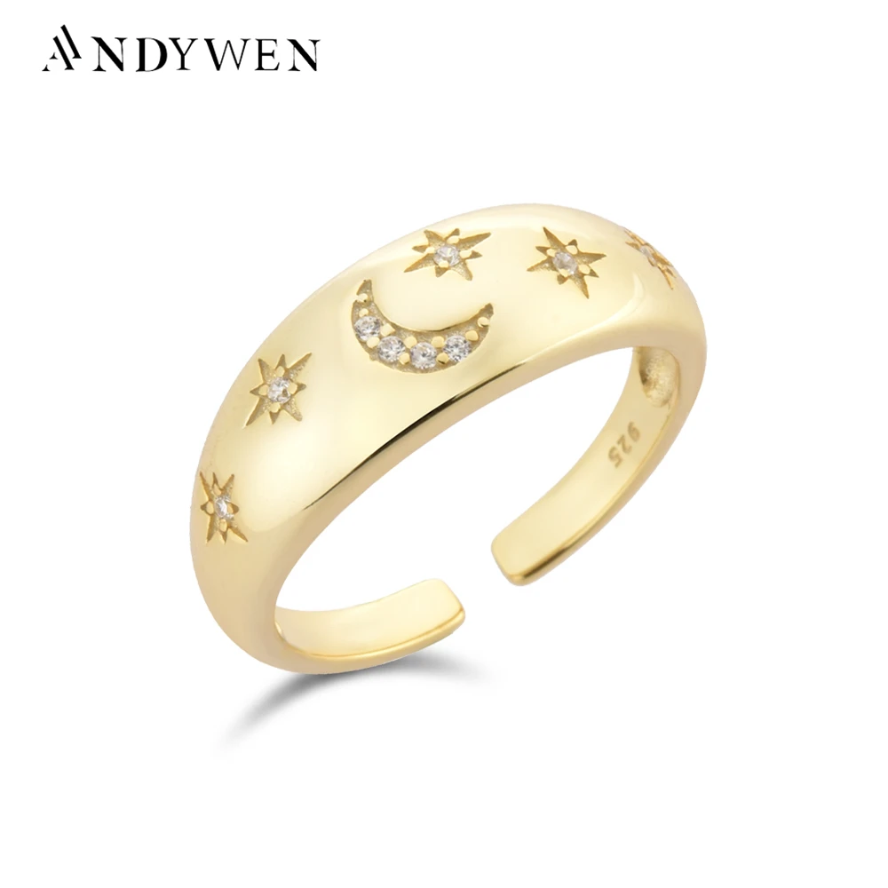 

ANDYWEN 925 Sterling Silver Gold Star Moon Zircon Resizaible Rings Adjustable Women Luxury Open Band Circle Rings Fine Jewelry