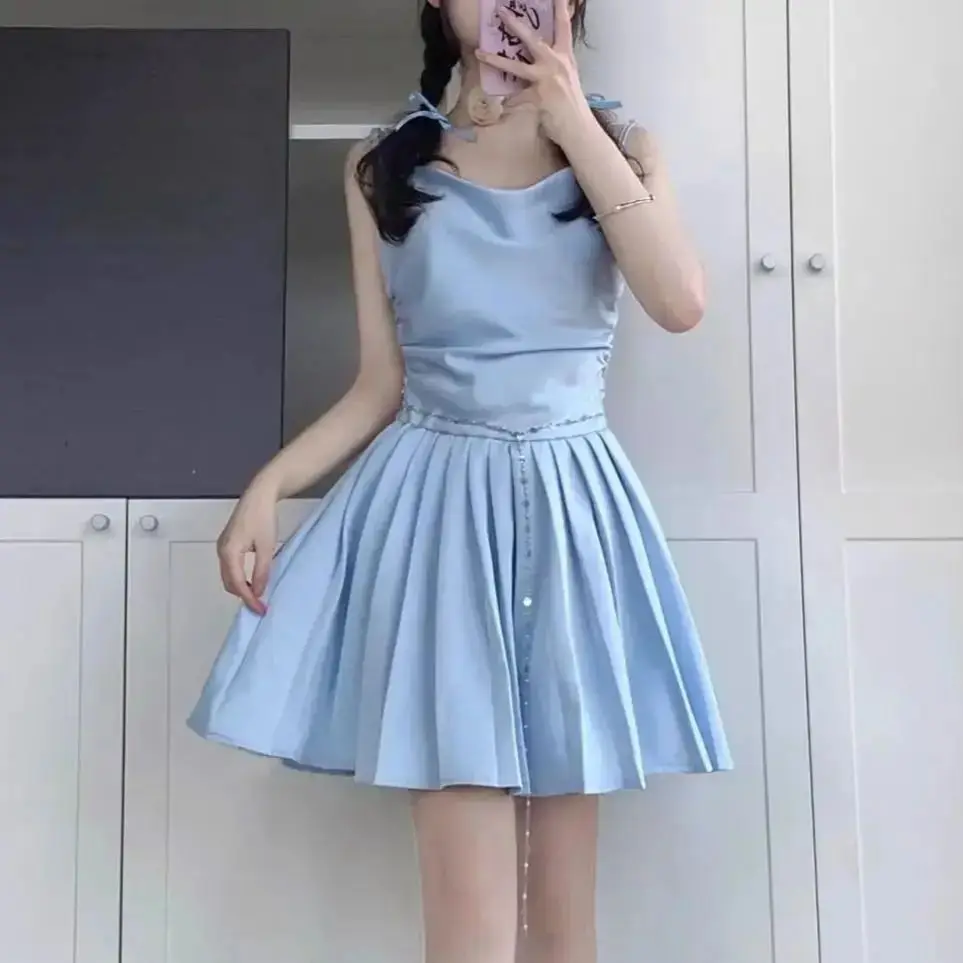 

Sling Dress Waist Slimming, Pure Lust Style Blue Women'S 2024 Summer New Design Pleated Skirt Fairy Short Dress