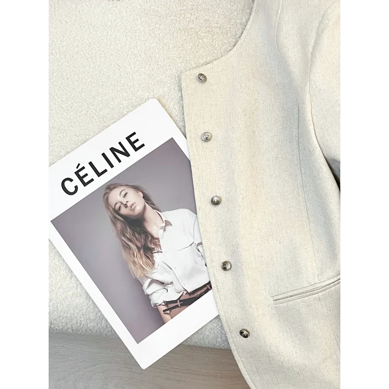 สีขาวกลิ่นหอมขนาดเล็กแขนยาวรอบคอสั้นเสื้อผู้หญิงใหม่ Elegant Basic แฟชั่นภาษาฝรั่งเศสคํา Chic Office Lady Jacket