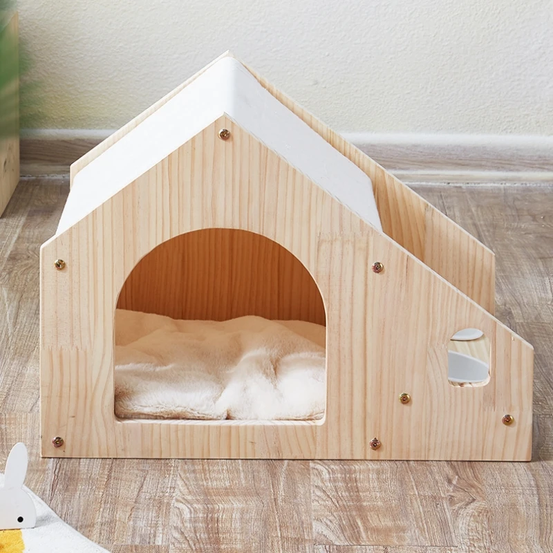 Real Wood Cat House Condo Luxury Pet Cat Bed With Food Bowl Water Bowl Totally Enclosed Pet House for Small Dog Cats Puppy Beds