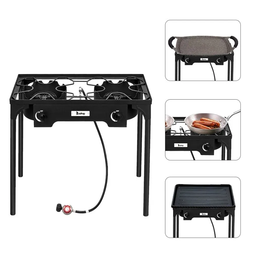 

Outdoor Camp Stove High Pressure Propane Gas Cooker Portable Cast Iron Patio Cooking Burner Double Burner 150000BTU