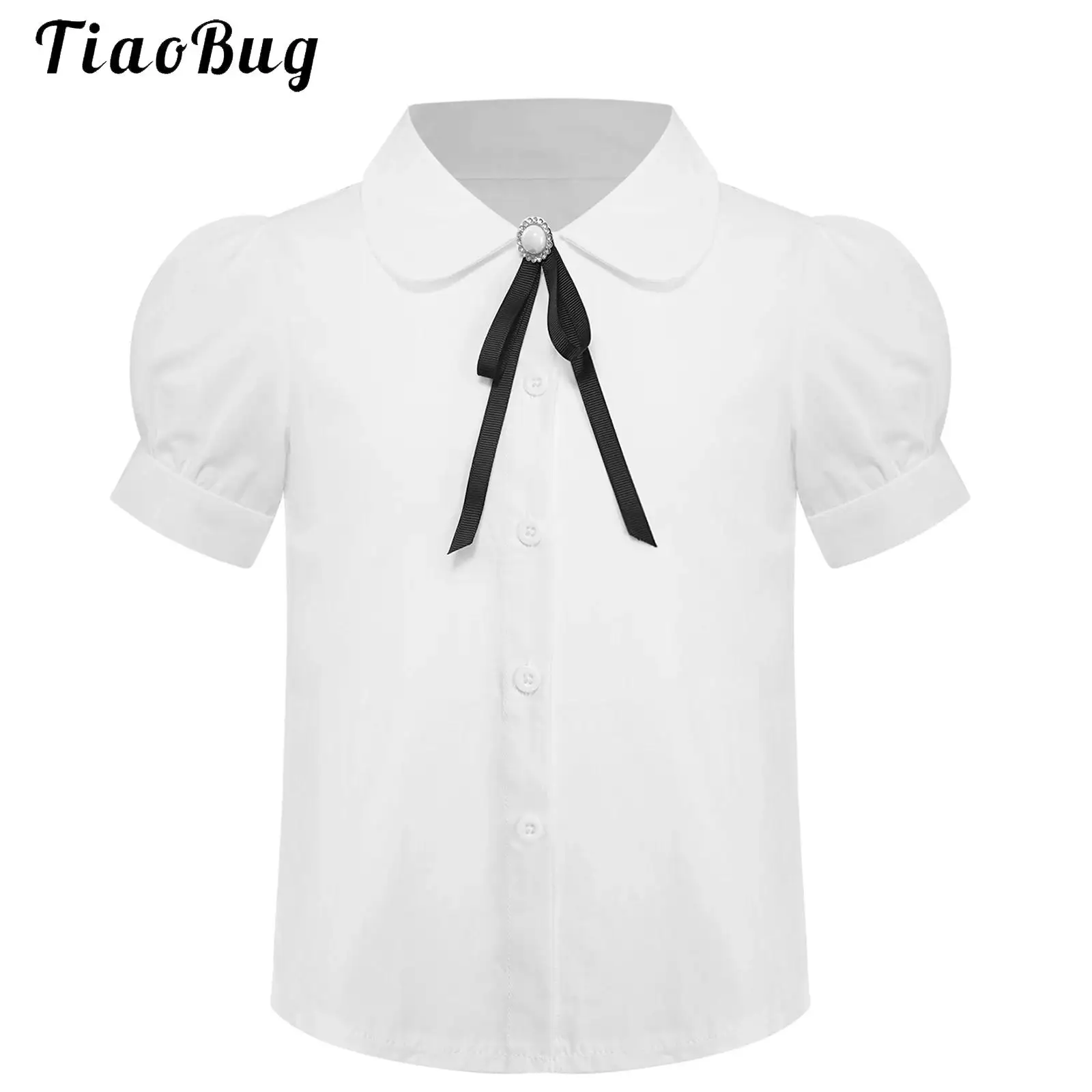 

Kawaii Lolita Blouses White Kids School Girls Cute Puff Sleeve Tops Turn-Down Collar Bowknot Shirts Casual Sweet Tops