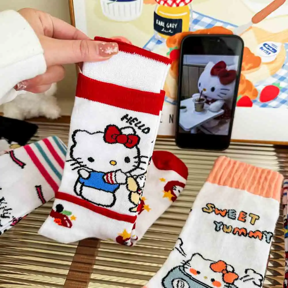 

5 пар носков Hello Kitty Y2K Kawaii, женские милые носки в стиле аниме с мультяшным принтом в полоску, забавные белые носки в стиле Харадзюку для девочек