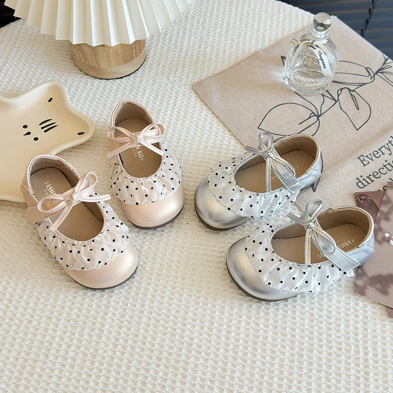 Little Girls Dot Ruffle Mary Jane Shoes, Satin Bow Hook-and-Loop Soft Sole Retro Princess Flats