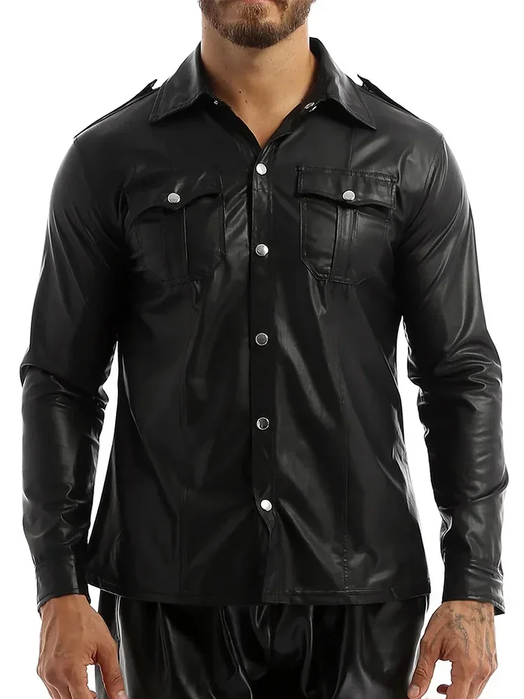 Men Black Matte Leather Shirt Tops Turn Down Collar Long Sleeve PU Blouse Button Nightclub Stage Costumes Clubwear Custom New