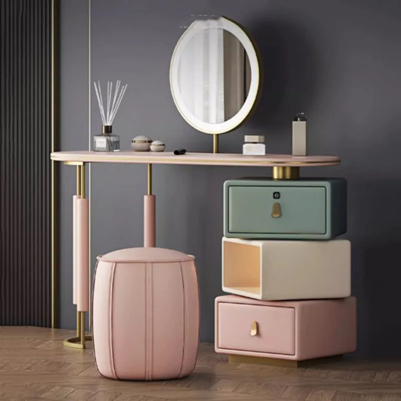 

Nordic Girls Wooden Dresser Makeup Led Lights Mirrors Dressing Table Sets Luxury Modern Tocador Maquillaje Bedroom Furniture