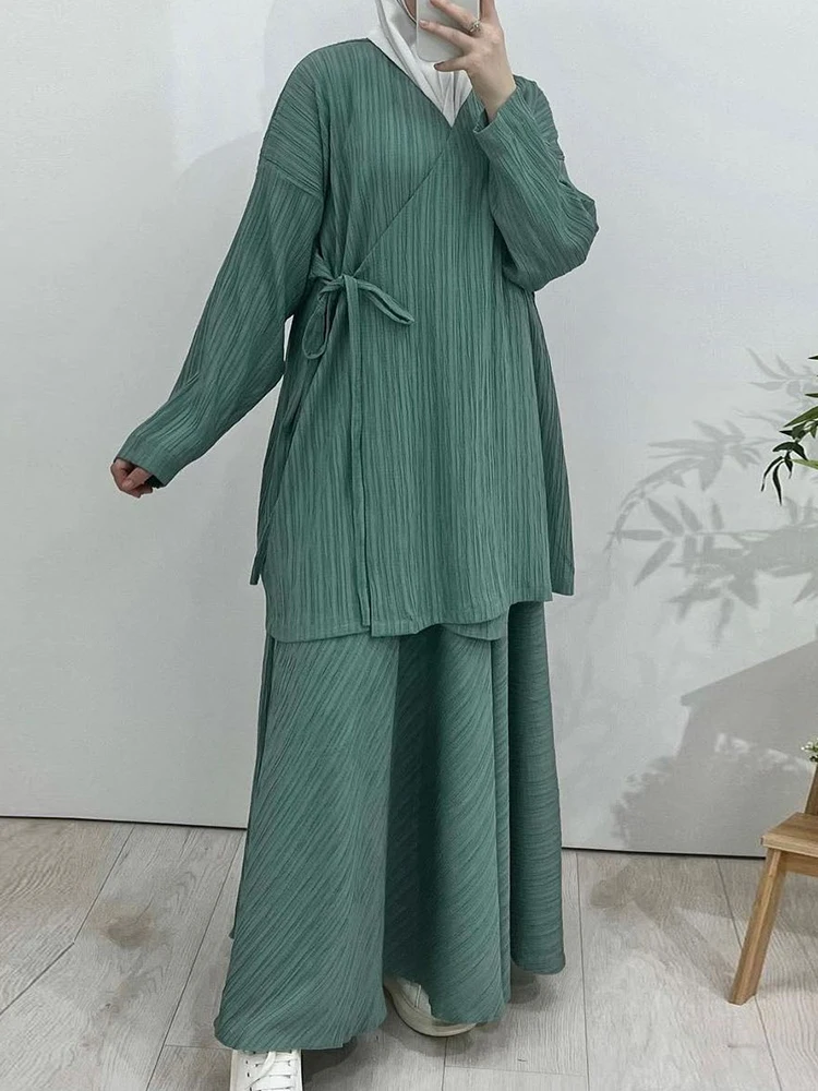 LANMREM Pleated 2 Piece Set Women Fashion Bandage Long Sleeves Tops High Waist A-line Long Skirts Causal 2024 Autumn New 17G7559