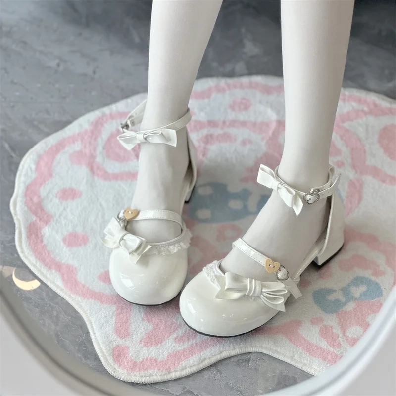 Cosplay Lolita Sweetheart Cream Girl Loli Sandals Mid Heel Round Toe Lace Women's Shoes Japanese Student Kawaii Single Shoes