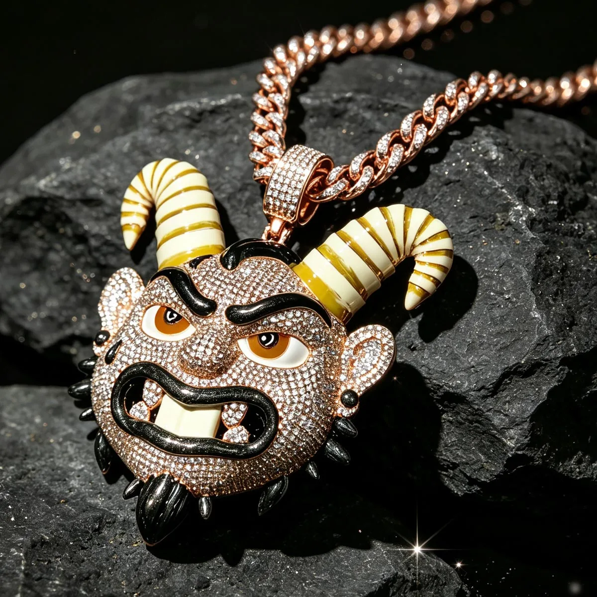 18K Gold Plated Hip Hop Enamel Horn Monster Face Charm Full Bling Sparkling CZ Iced Out 3D Cartoon Demon Goat Head Pendant Necklace Street Party Club Daily Wear Statement Cuban Chian Accessory Bold Edgy Hipster Ornament Gift Fine Jewelry For Men Rapper