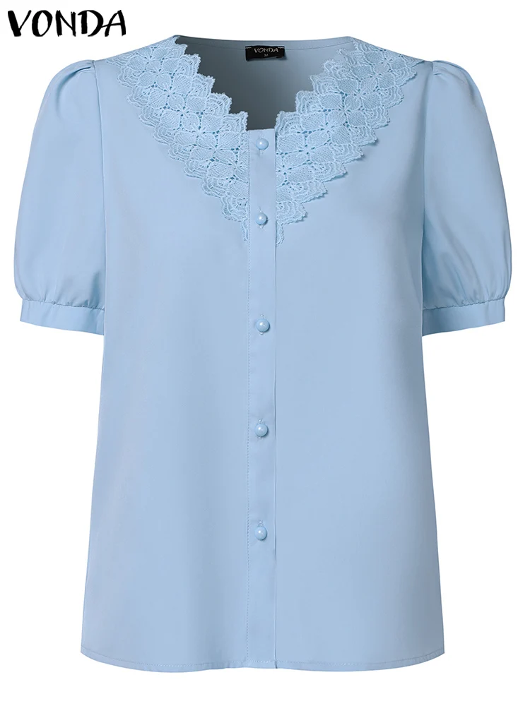 VONDA 2024 Summer Women Lace Shirt Elegant Solid Color Fashion Blouse Short Sleeve Tops Casual Loose V Neck Blusas Oversized