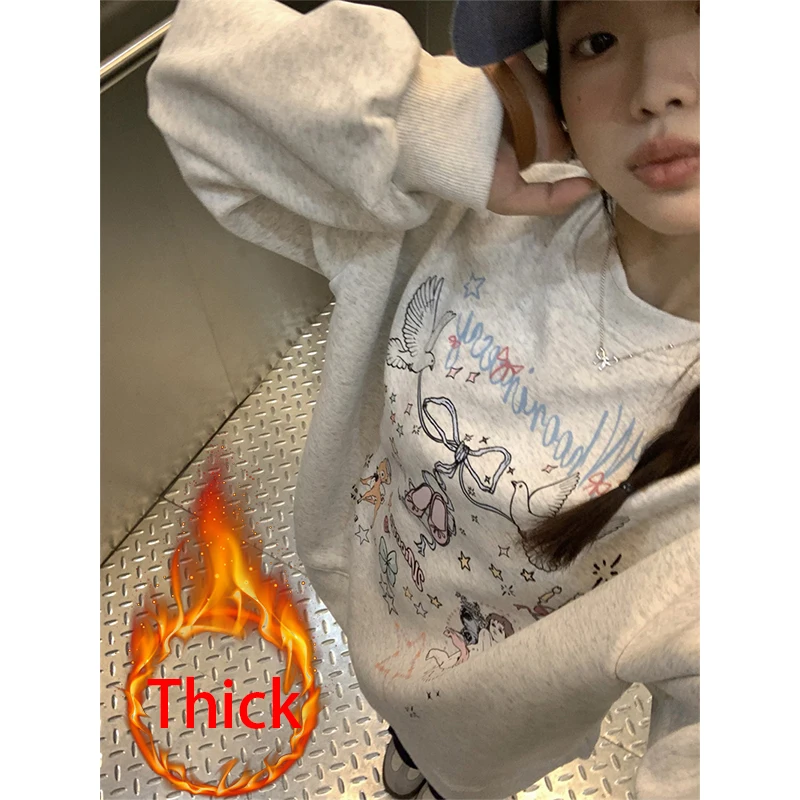 

Cartoon Fleece Sweatshirt Women Streetwear Oversize Print Pullovers Fall Winter Harajuku Korean Long Sleeve Loose Casual Tops