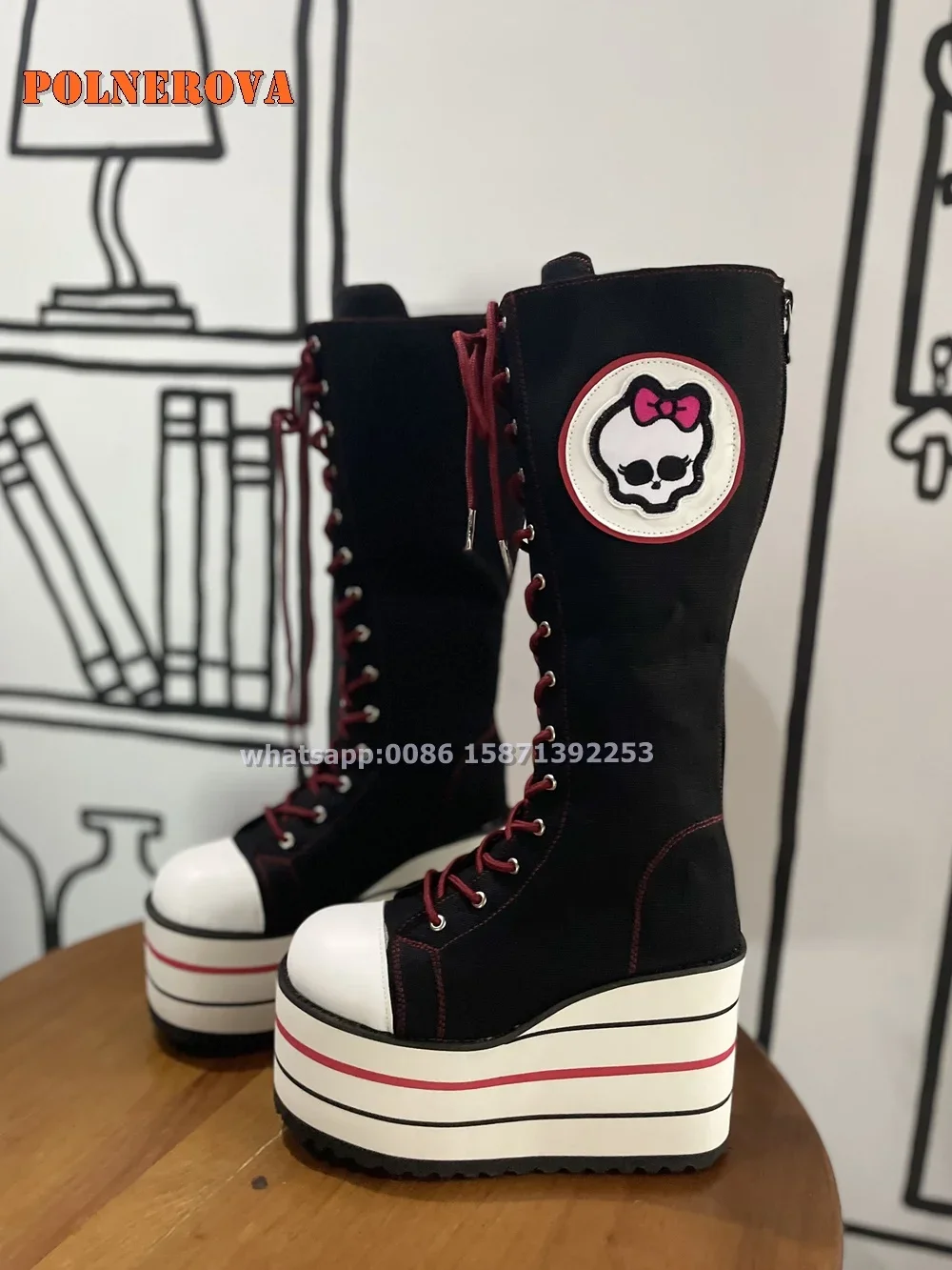 

Platform Canvas Skull Appliques Knee-High Boot Round Toe Wedges Mixed Colors Cross Tied Back Zipper Patchwork Booty 2024 Trend