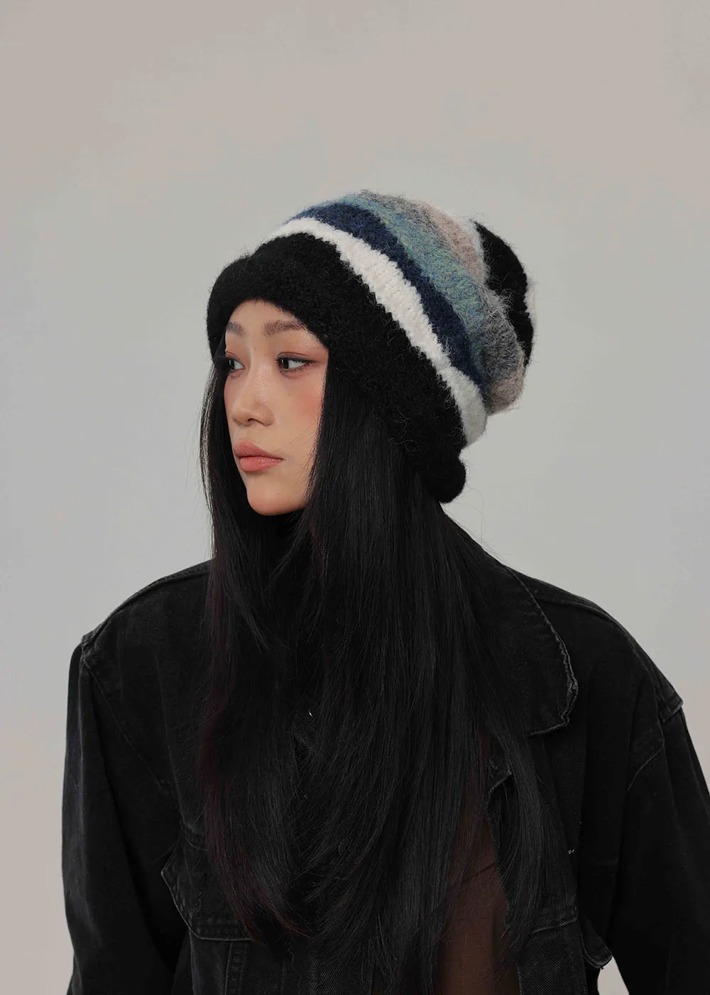 2024 New Mink Velvet Hoody Hat Strap Beanie Hat Women Autumn Winter Warm Knitted Hat Rainbow Colored Stripe Pullover Hat Hoodies