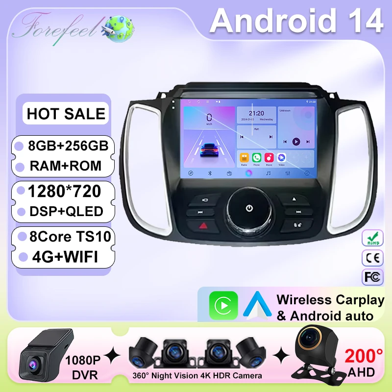 Unit Kepala Multimedia Android 14 untuk Ford Kuga 2 Escape 3 2012 - 2019 Radio Otomatis Stereo Unit Kepala Navigasi GPS Carplay No 2din
