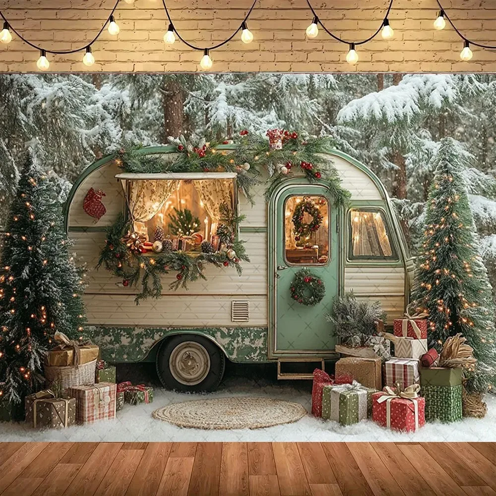 

Winter Christmas Snow Forest Car Gift Photography Background, Christmas Tree Children's Home Decoration Photography Background