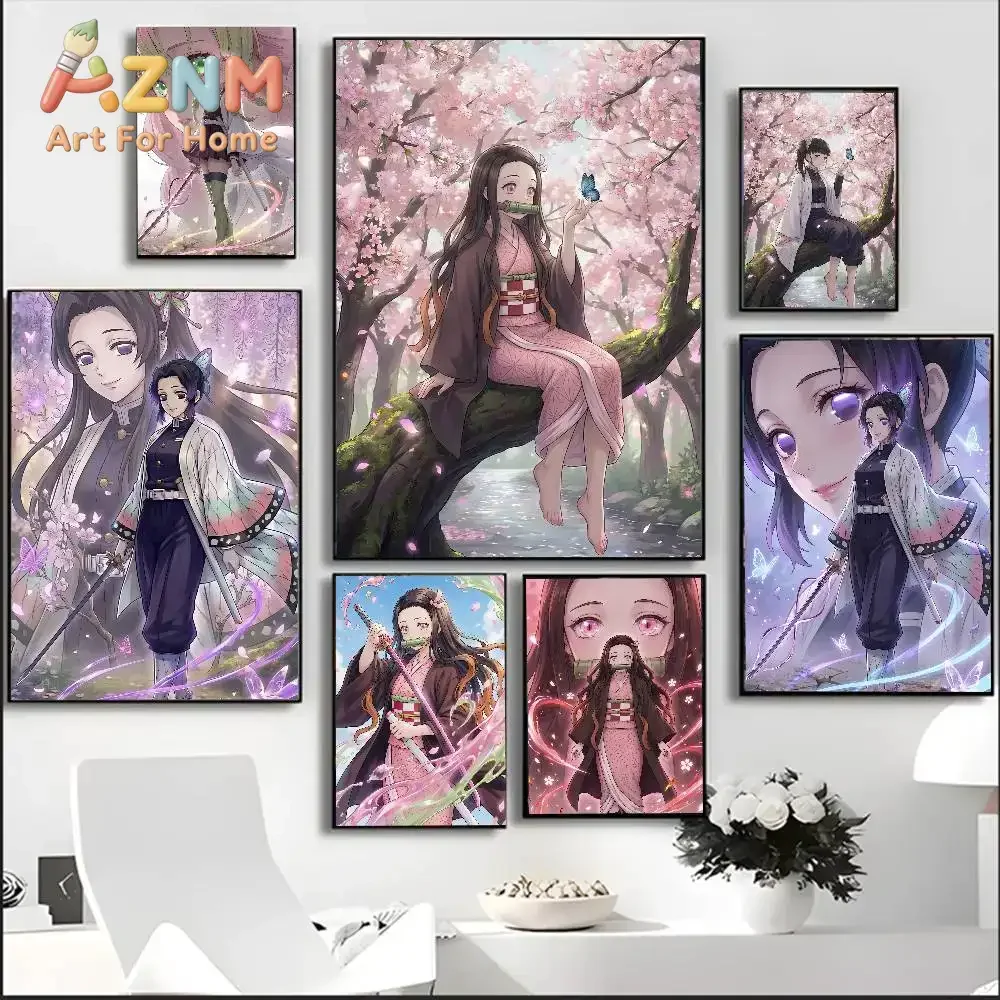 AZNM Demon Slayer Nezuko Anime Sakura Canvas Wall Art Frameless Print Poster for Home Bedroom Living Room Wall Decor