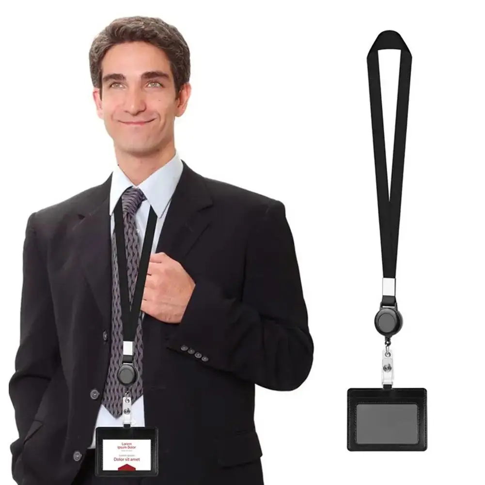 2KindPU Leather Pass Work Card Cover Working Permit Case Sleeve Badge Holder Black ID Tag Lanyard For Staff Card Clip Neck Z4K8