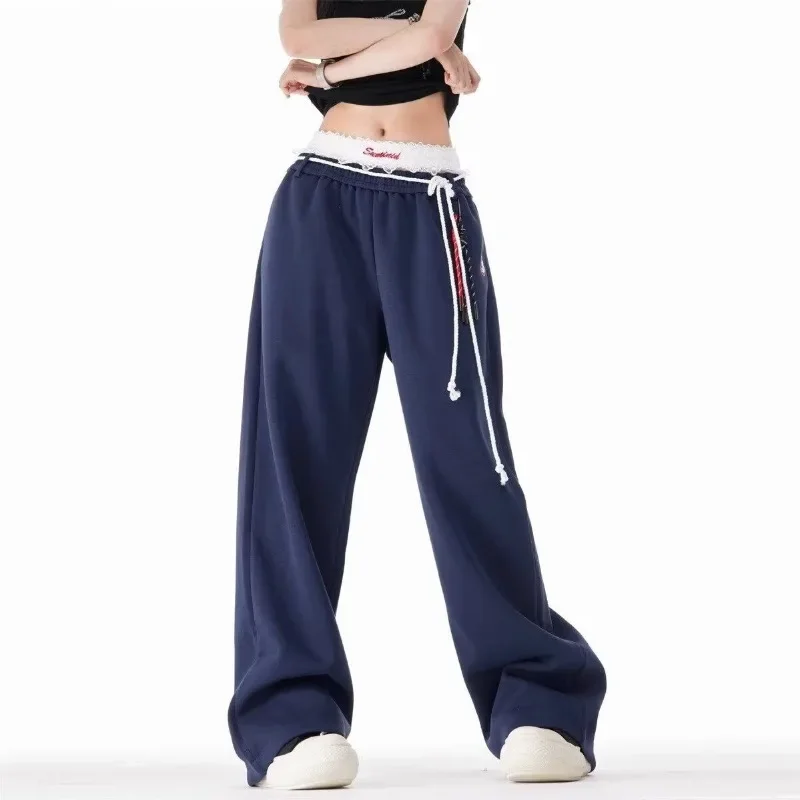 QWEconvex-Pantalon de survêtement vintage pour femme, pantalon large, pantalon décontracté rétro américain, streetwear hip hop, pantalon de sport respirant, fj2024