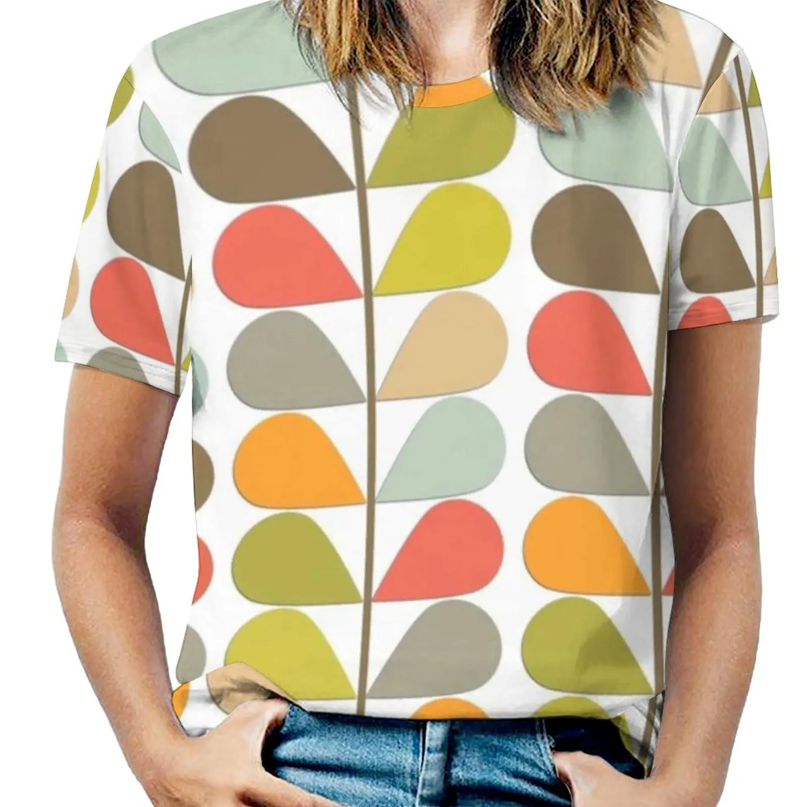 Retro 60S Midcentury Modern Pattern Woman'S T-Shirt Spring And Summer Printed T Shirts Crew Neck Pullover Top Retro 50S 60S