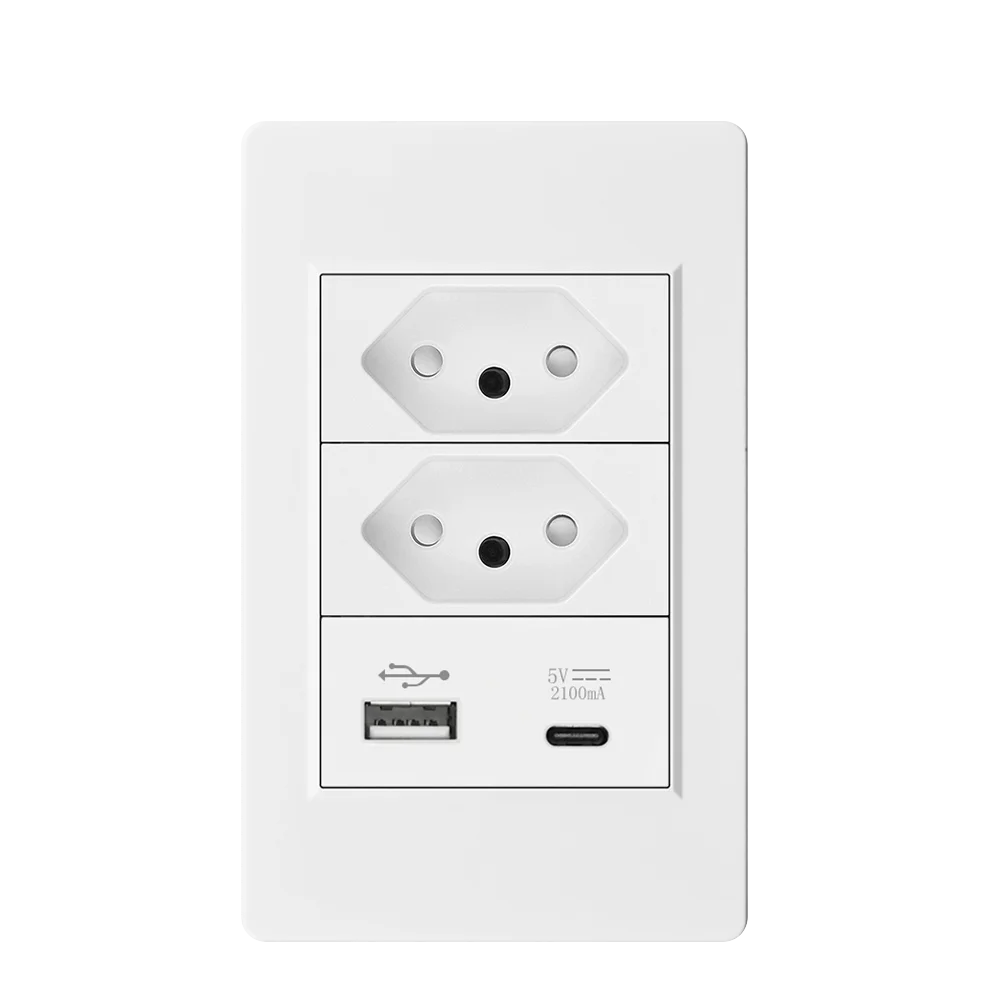 VISWE USB Type-c Brazil Standard Power Outlet 10A/20A AC 250V,118mm*72mm Plastic Panel, BR Electric plug usb Wall Socket