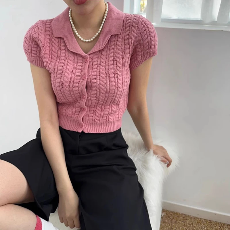 

Шикарный летний новый винтажный облегающий вязаный топ с воротником ort Sve, женский модный комплект из смеси хлопка цвета