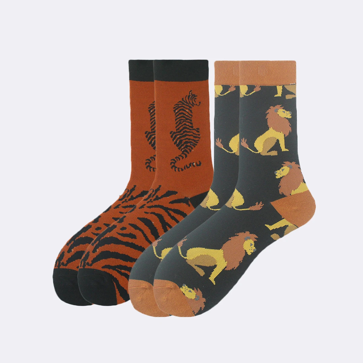 2 Pairs Tiger Lion Cool Character Orange Men's Handsome Crew Causal Socks Wild Animals Fancies Jacquard For Men