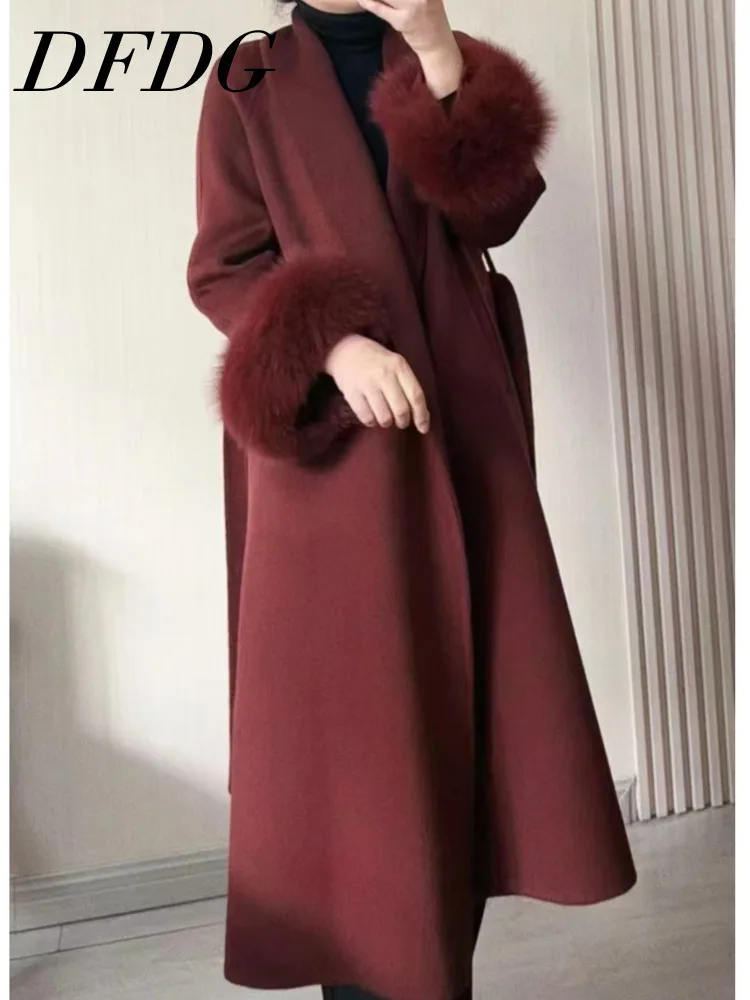 

DFDG однотонное повседневное простое кашемировое шерстяное пальто на шнуровке с длинными рукавами для женщин, осень и зима 2024