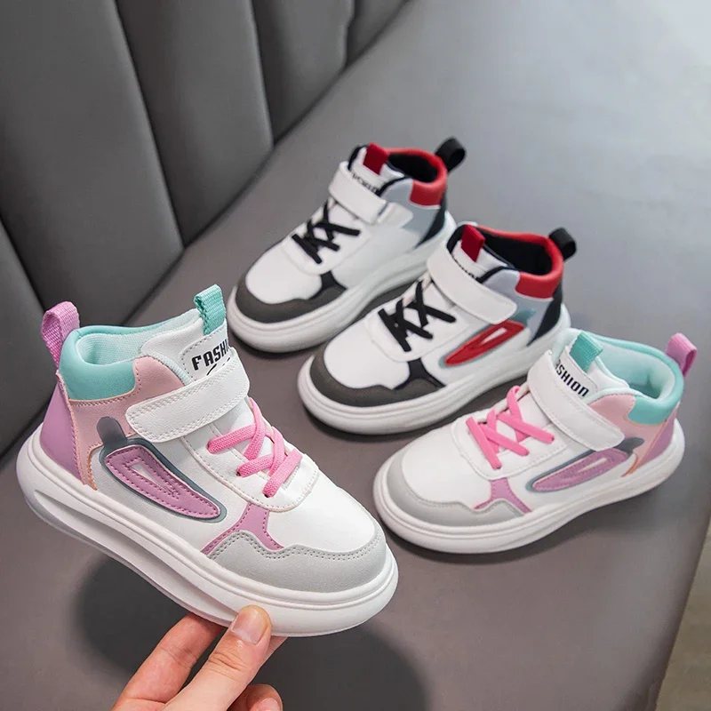 

Boys Girls Sports Shoes High Top Kids Basketball Shoes Non-slip Soft Sole 2025 New Fashion Children Sneakers Hook&loop Trendy
