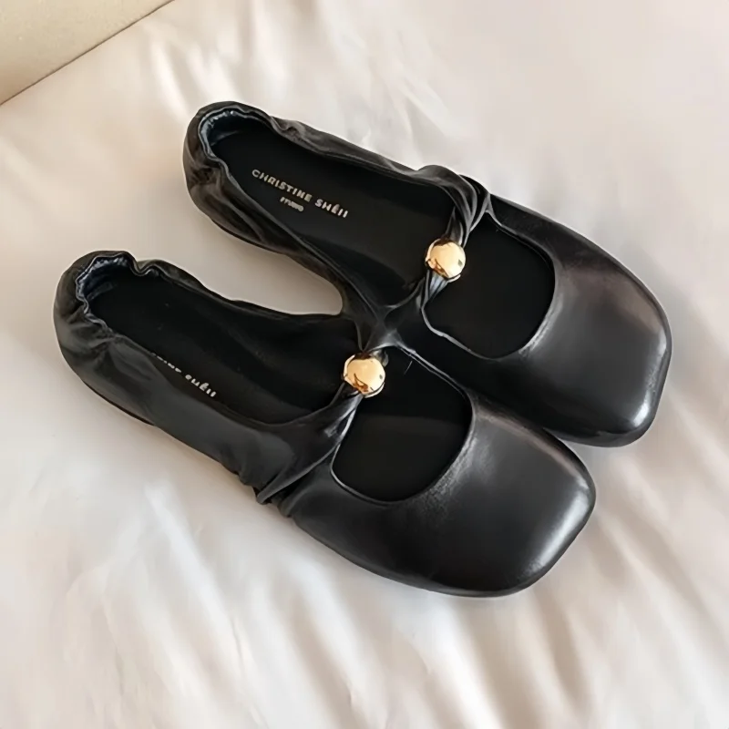 

Новинка 2024, женские туфли на плоской подошве, модные универсальные туфли с квадратной головкой, кожаные туфли Мэри Джейн с неглубоким горлышком, элегантные туфли на плоской подошве