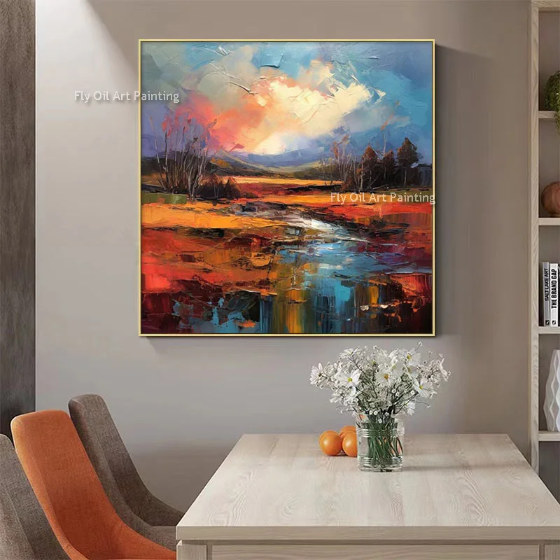 Black And Orange The Wild Wilderness Thick Oil Painting Handmade River Landscape Canvas Wall Art New Design Artwork For Decor